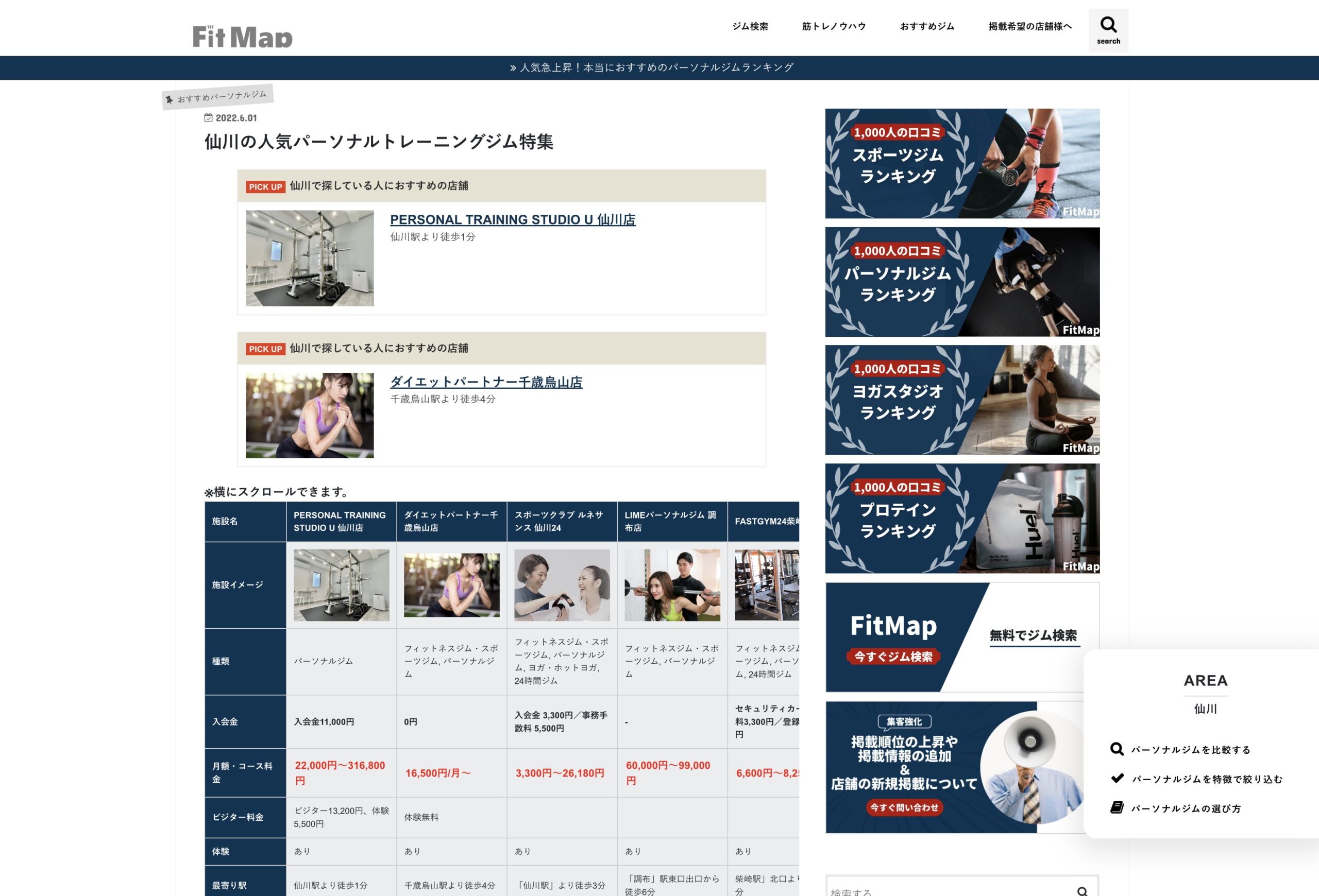 PERSONAL TRAINING STUDIO U 仙川店がフィットネスメディアFitMap様に掲載されました